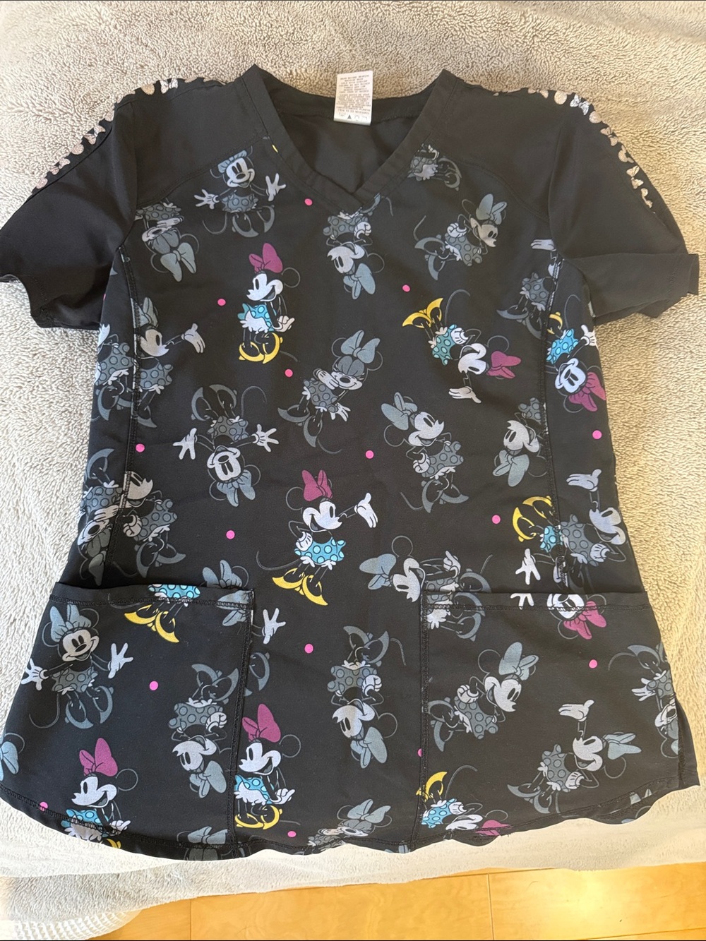 Disney Black V-Neck Scrub Top with Multicolor Accents